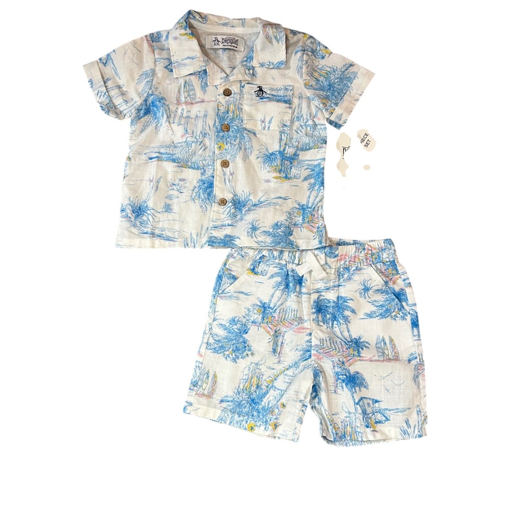 Original Penguin Kids 2-Piece Tropical Beach Shirt and Shorts Set White Blue NWT